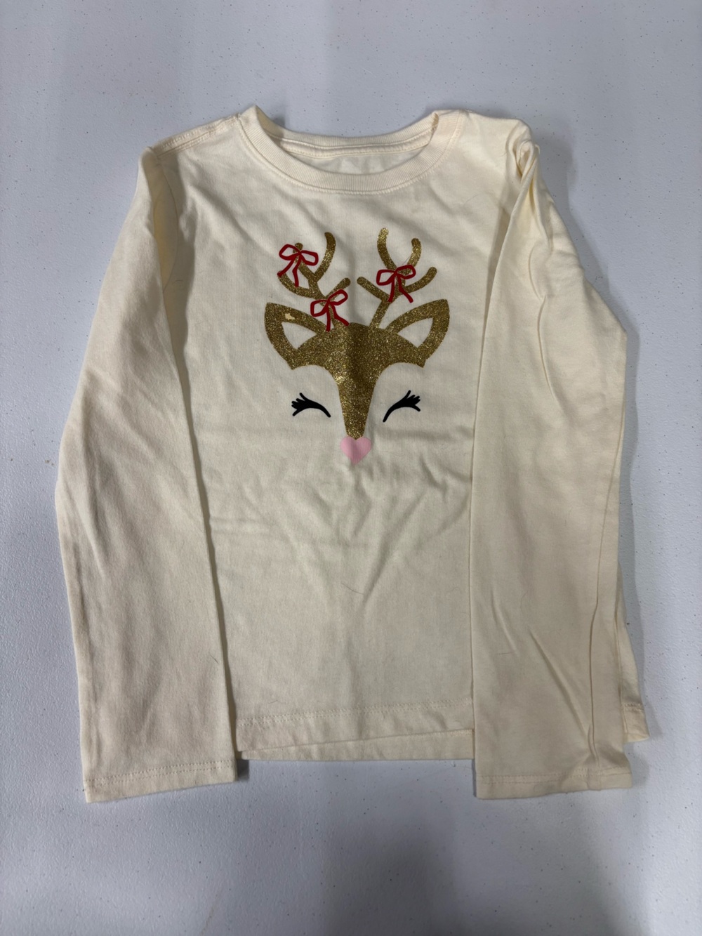 Holiday Time Cream Long Sleeve Top with Gold Glitter Reindeer & Red Bows